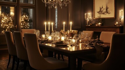 Elegantly set dining table glows under the warm candlelight
