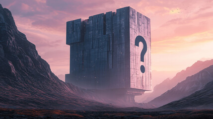 Futuristic monolithic structure with a question mark in a surreal mountain landscape at sunset, evoking mystery and curiosity