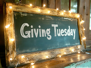 Chalkboard Sign With Giving Tuesday Written in Festive Setting by the Water During Sunset