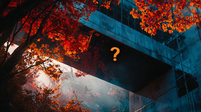 Surreal autumn scene with vibrant red-orange leaves, modern concrete architecture, and a glowing question mark symbol