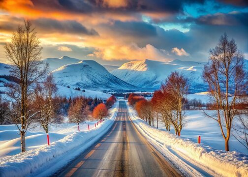Scenic Winter Road in Norway: Snowplow Tracks, Mountains, and Bare Trees