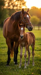 Obraz premium Adorable Baby Horse with Mother in Pasture – Heartwarming Bond Between Mare and Foal in Natural Setting