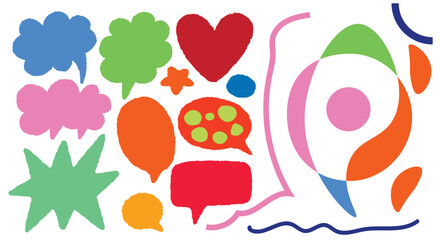 Comic style pencil speech bubbles doodle set. Crayon drawn colorful speech bubble silhouettes. Hand drawn vector doodle illustration in childish funky style. Comic talk balloon vector set