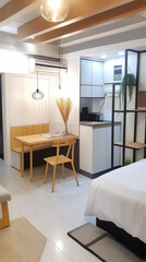 Modern studio apartment interior design with dining area and kitchen in a cozy layout. Generative AI
