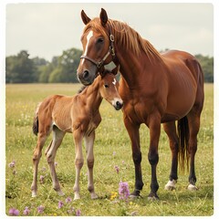 Fototapeta premium Adorable Baby Horse with Mother in Pasture – Heartwarming Bond Between Mare and Foal in Natural Setting