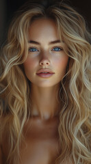 Fototapeta premium Close up of beautiful woman with long wavy blonde hair and blue eyes 