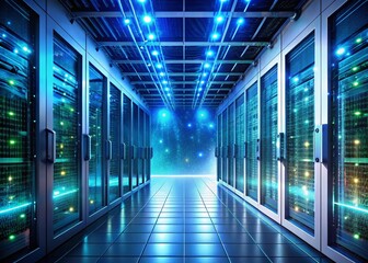 Fototapeta premium Secure Cloud Data Protection: Server Room with Advanced Cybersecurity Measures
