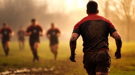Rugby players running through a muddy field during a misty sunset, showcasing teamwork and determination
