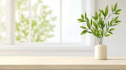 Fototapeta premium Green Plant In White Vase On Wooden Table By Window