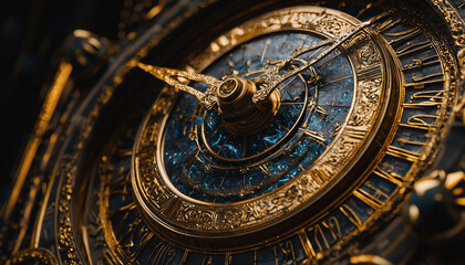 Obraz premium Ornate golden astronomical clock with celestial details in rich vintage close-up 