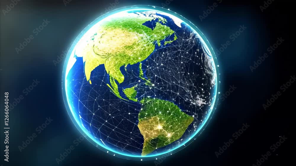 Poster a digitally rendered image of earth with a network of connections overlaying the continents, emphasi