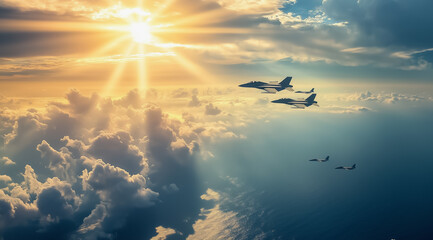 Naklejka premium Fighter jets soaring above the clouds under a dramatic golden sky 
