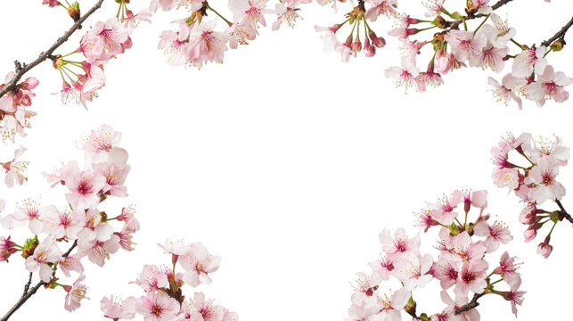 Elegant sakura blossom floral border with pink petals on transparent background for spring decoration and invitations