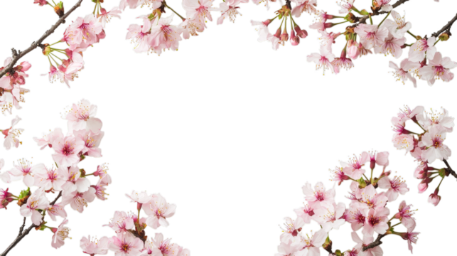 Elegant sakura blossom floral border with pink petals on transparent background for spring decoration and invitations