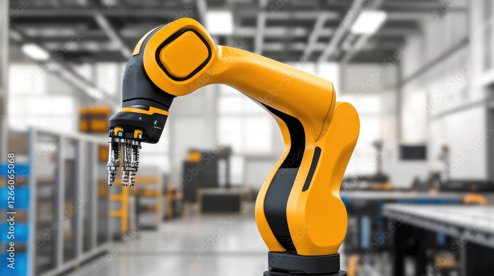 Poster a robotic arm in a modern industrial setting showcasing advanced automation technology.