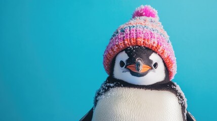 Fototapeta premium A playful penguin wearing a colorful knitted hat against a bright blue background.