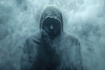 Mysterious hooded figure in smoky atmosphere