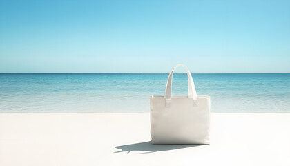Minimalist canvas tote bag on beach with tranquil ocean and clear sky background