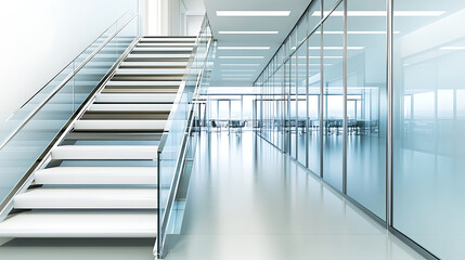 Obraz premium Modern office interior featuring a staircase with glass railings and glass-walled offices, flooded with natural light.