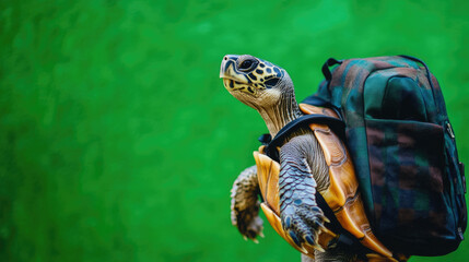 A turtle carrying a backpack, ready for an adventure against a vibrant green background.