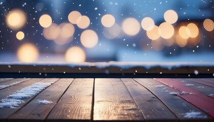 Wooden board empty table with some snow and with boken lights on the background. Christmas, winter and new year place for goods