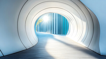 Fototapeta premium Sunlit passageway featuring smooth, rounded architecture with linear accents, leading towards a bright opening.