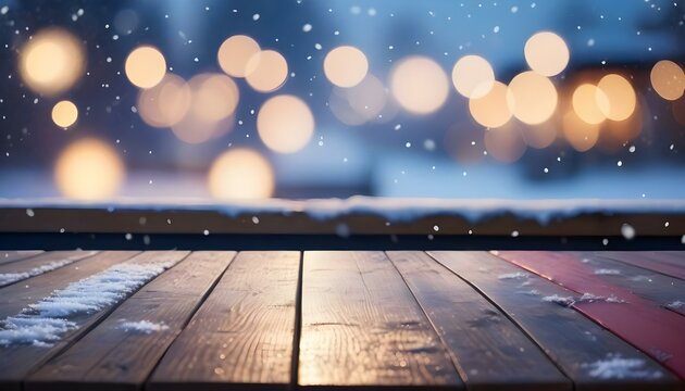 Wooden board empty table with some snow and with boken lights on the background. Christmas, winter and new year place for goods