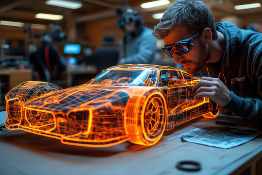 an engineer working on a holographic model of a racing car. 