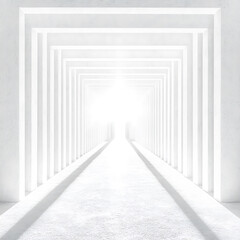 Obraz premium All-white corridor with repeating arches, leading to a bright, glowing light at the end.