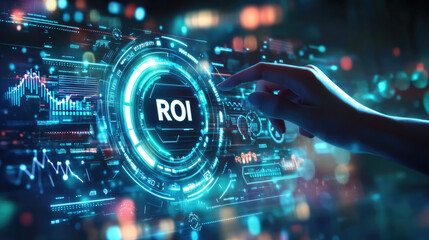 Fototapeta premium Futuristic hand interacting with digital ROI interface and data visualization.