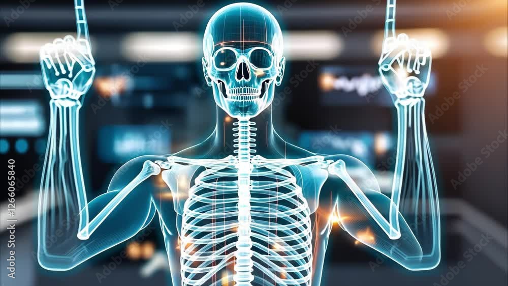 Aufkleber a digital representation of a human skeleton with highlighted bones, showing an anatomical view of t