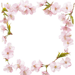 Fototapeta premium Elegant sakura blossom floral border with pink petals on transparent background for spring decoration and invitations