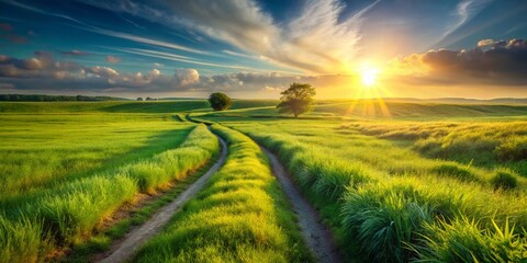 Obraz premium Serene Countryside: Dirt Path Winding Through Lush Green Grassland