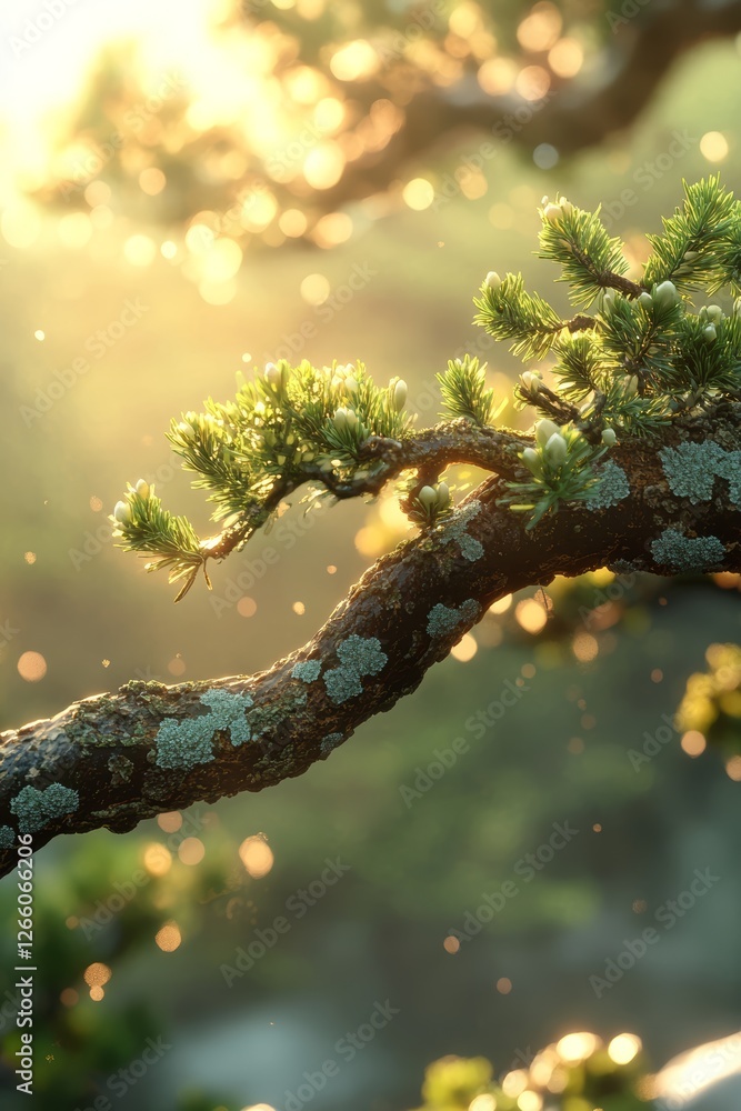 Poster sunlit juniper branch with soft bokeh background creating a serene atmosphere