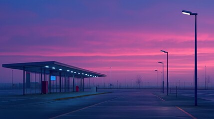 Fototapeta premium Pixel Art Depiction Of Deserted Gas Station Parking Lot At Dawn