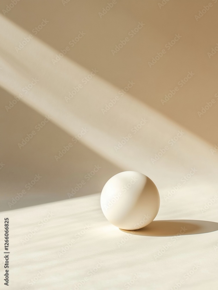 Poster Minimalist composition featuring a white spherical object illuminated by soft natural light on a neutral surface. Generative AI