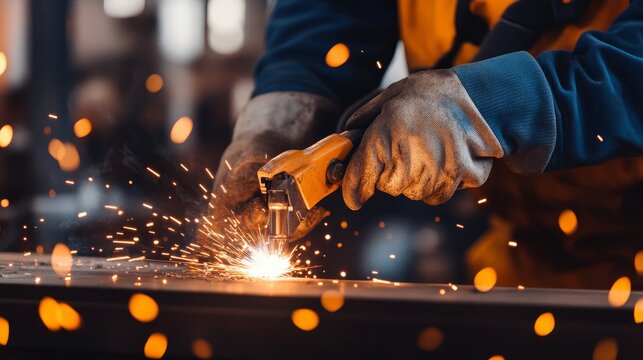 Worker using a power tool to cut metal, spark flying, in a busy workshop setting