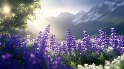 Naklejka premium Beautiful colorful wild flowers with snow mountain in Spring.