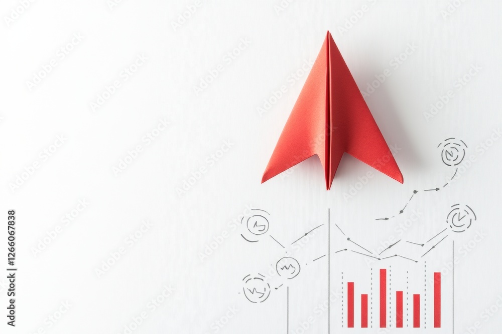 Poster red paper plane symbolizes innovative business strategy and success on white background with graphs 