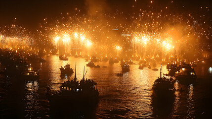Nighttime fireworks over harbor boats