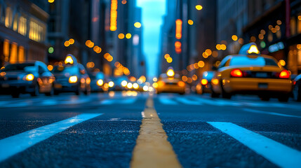 Obraz premium City street, night traffic, yellow cabs, blurred background, urban transport