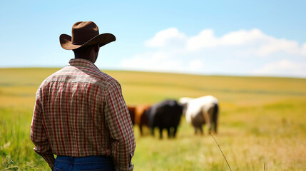 Cowboy observing cattle grazing on a sunny day in a wide-open pasture. Generative AI