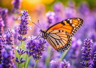 Naklejka premium Serene Lavender Garden: Butterfly Close-Up Pollination Photography