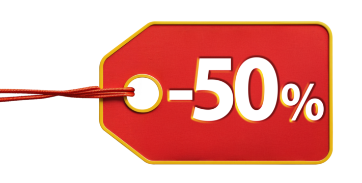 Red tag showing five percent discount on transparent background