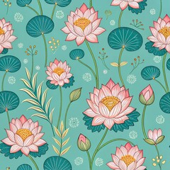 A seamless pattern with pichwai style lotus arranged in a tile-style repeat on a turquoise background. It can be used for printing on various surfaces like textiles and paper or digital work as well.
