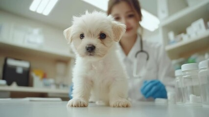 Adorable white puppy at veterinary clinic for checkup with woman vet in background. Concept of pet care, animal health and veterinary medicine