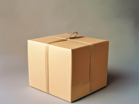 Wrapped Cardboard Cube: Simple, elegant presentation of a tied parcel. Minimalist style.