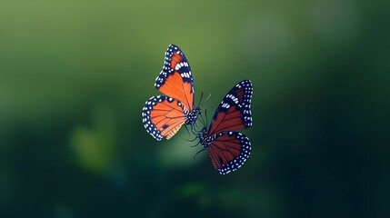 Obraz premium Two Orange And Blue Butterflies In Flight Against Green Background