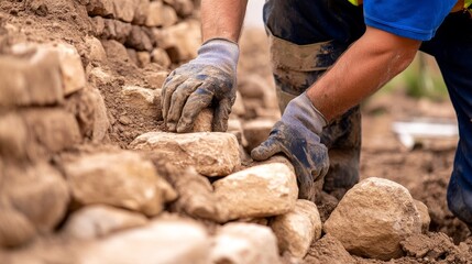 Worker skillfully building a stone wall in a construction site surrounded by earth and tool