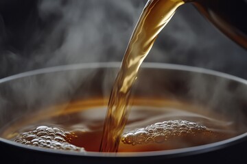 pot of steaming Hojicha tea being poured into a cup, showing the depth of the tea color